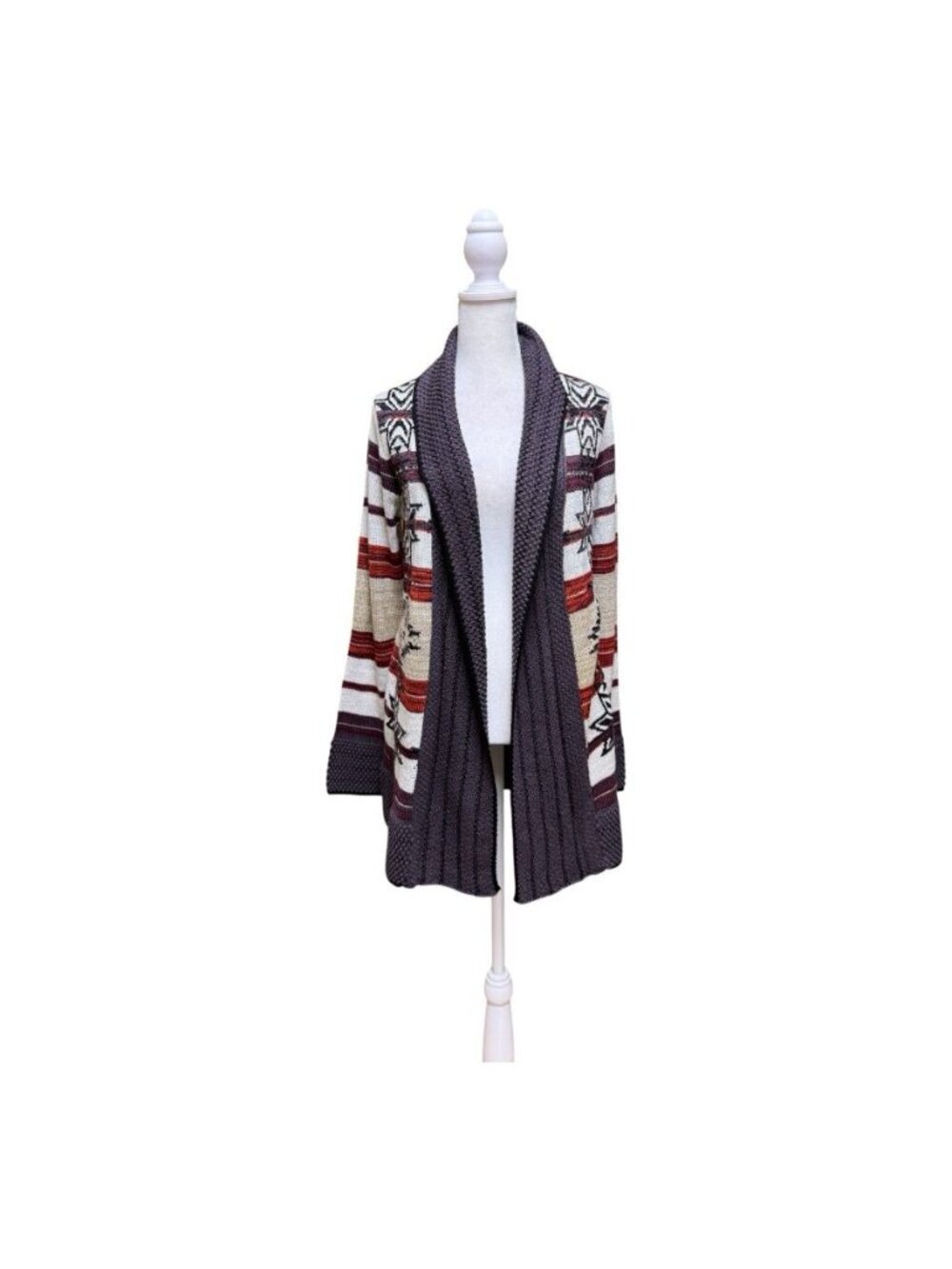 BCBGMAXAZRIA Tribal Print Shawl Collar Cardigan Sweater M Bohemian Duster